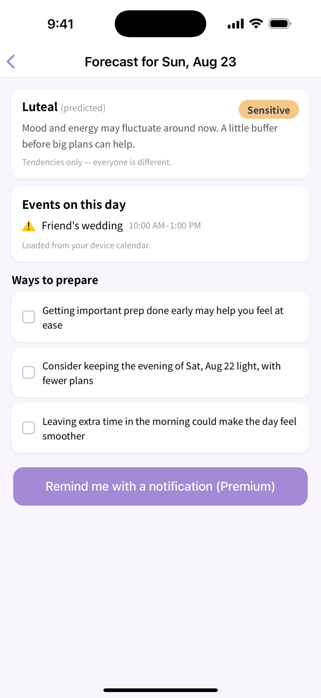 Day detail screen with an overlapping event and preparation tips
