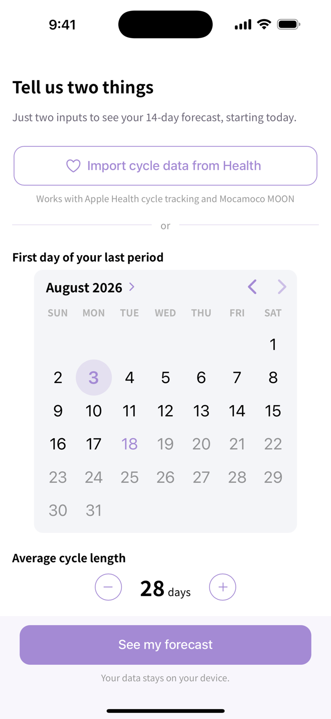 Onboarding screen asking for last period date and average cycle length